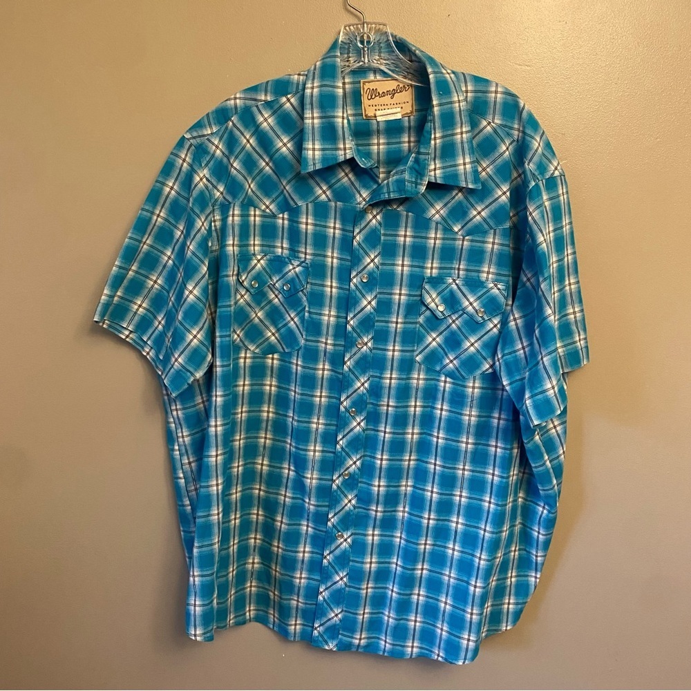 Wrangler Men’s Button Down Shirt Short Sleeve Pearl Snap XXL White Blue Plaid